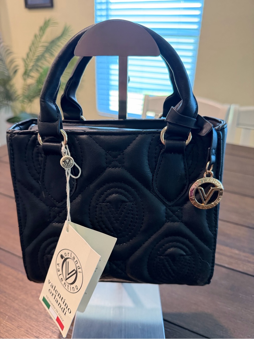 Valentino Orlandi NWT Black Quilted Mini Top-Handle Bag with Logo Charm